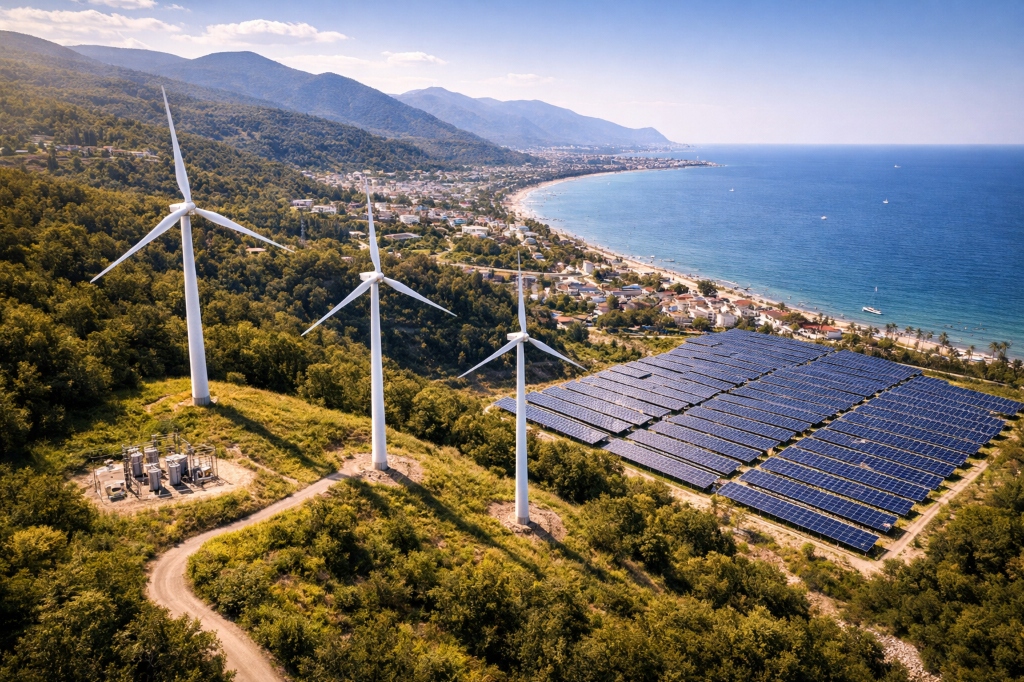 Wind turbines and solar panels by the sea - CRS Enerji